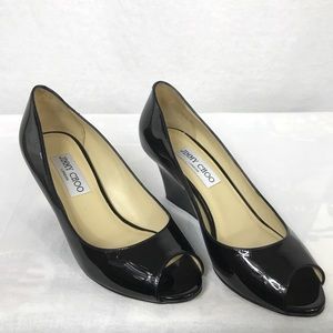 Jimmy Choo Black Patent Leather Peep Toe Wedges